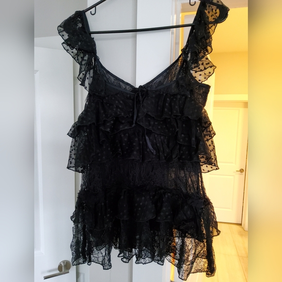 Amen Couture Black Polka Dot Tiered Mesh Lace Blouse - Picture 6 of 15